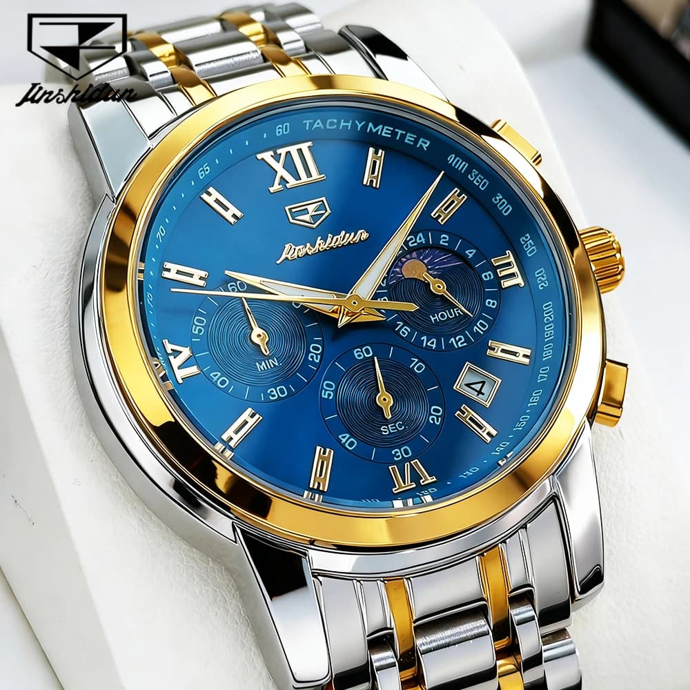 JSDUN Men's Watches Luxury Fashion Waterproof Fine Steel Original Quartz Wristwatch for Man Luminous Moon Phase Date Chronograph