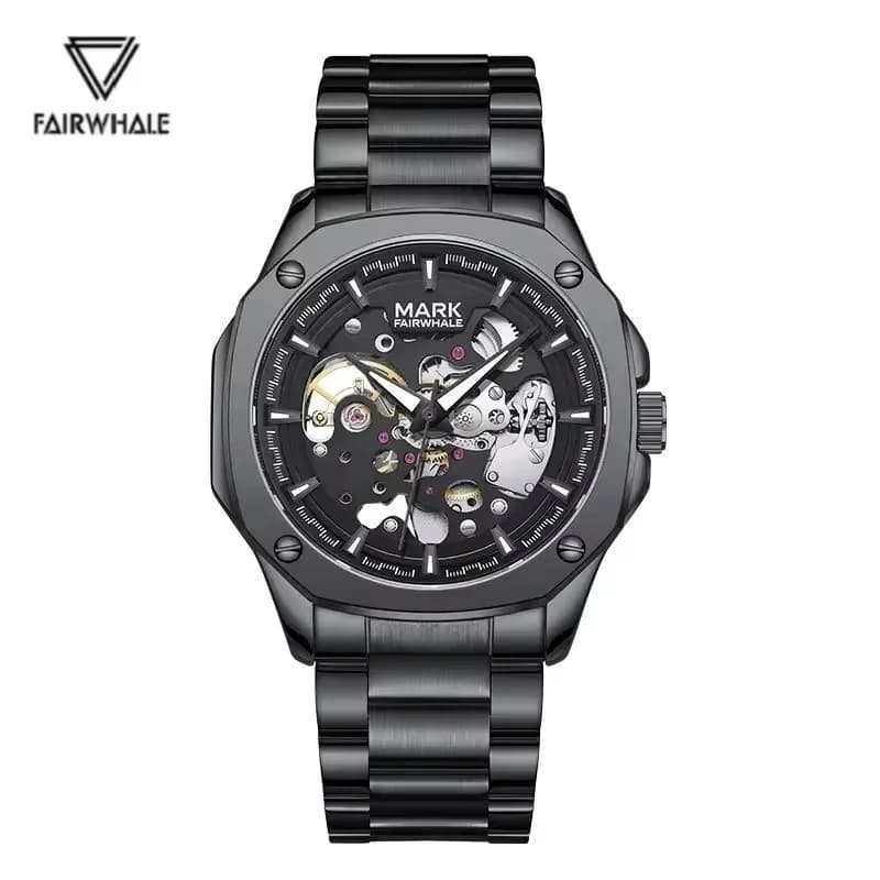 Mark Fairwhale 6940 Orologio meccanico automatico da uomo con quadrante scheletrato, lancette luminose, cinturino in acciaio impermeabile 30M, orologi da uomo alla moda