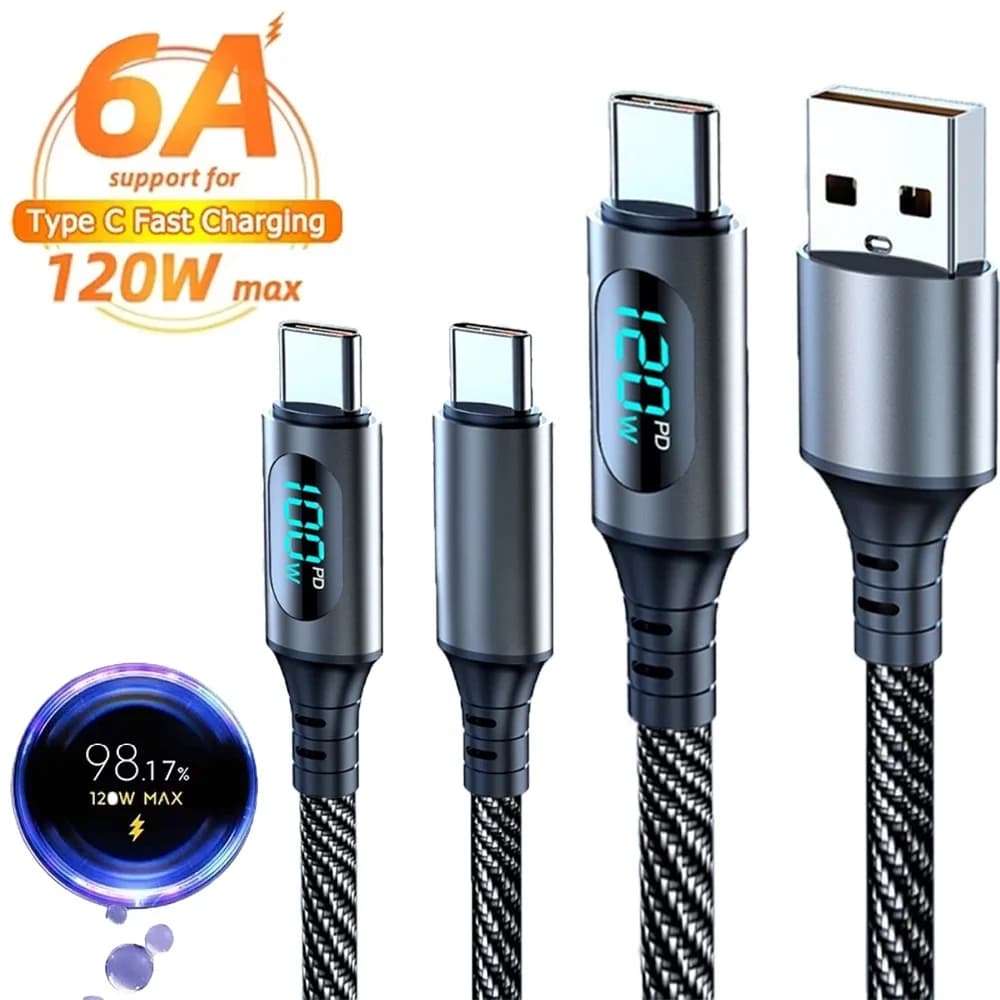 Super fast charging cable from USB A to C type 120W with digital LED display for woven nylon data cable Xiaomi Redmi POCO Samsung