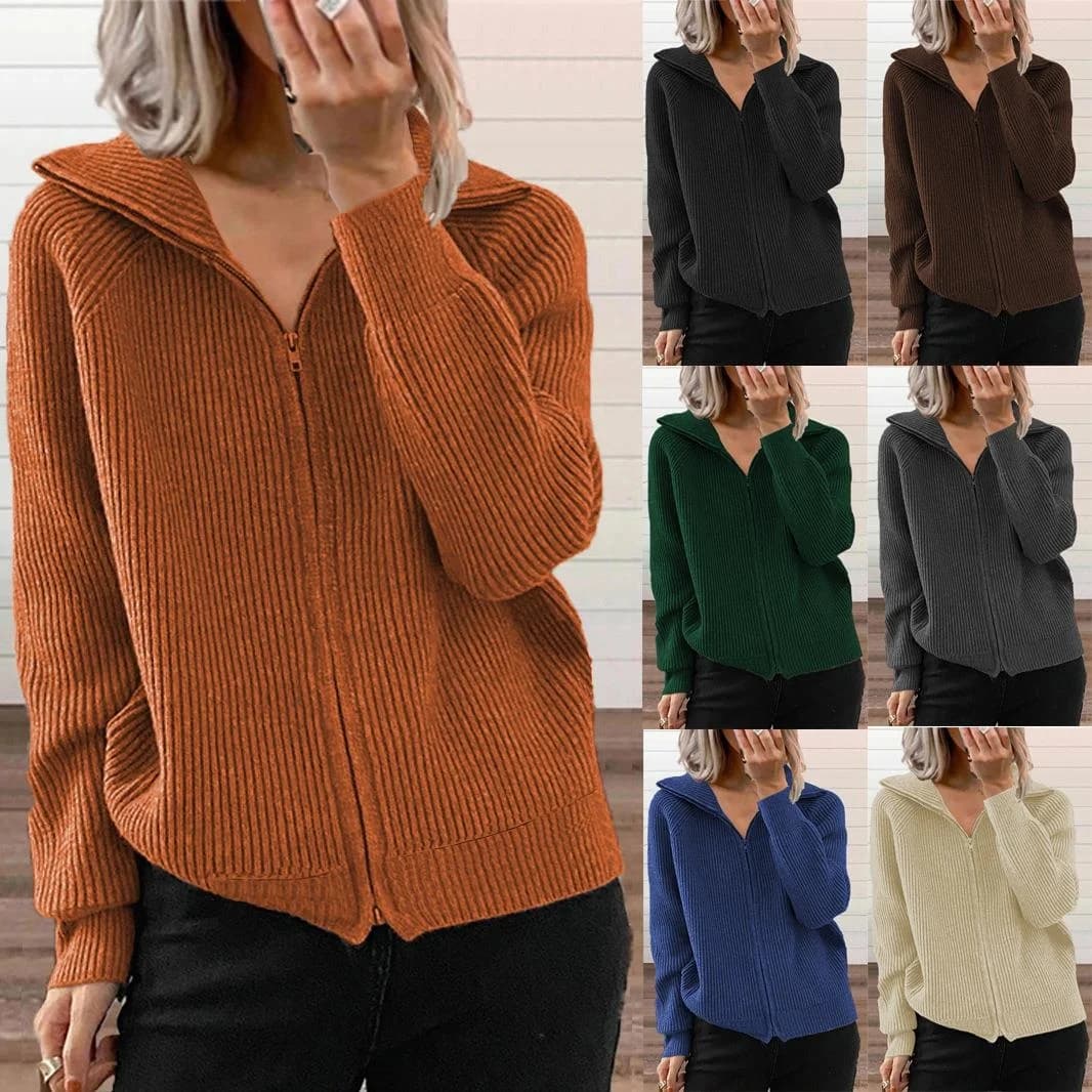 Long Striped Jacket Knitted Sweater Zipper Cardigan Casual Style Women's Loose Fit Medium Thick Autumn Winter Fashion