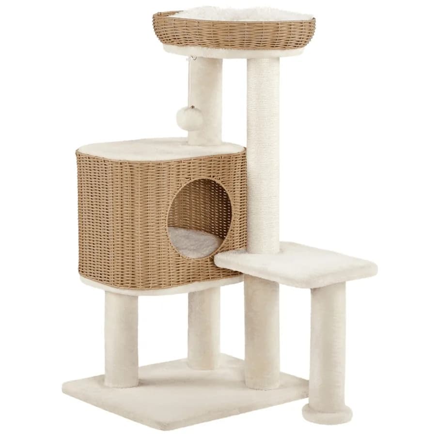 36" Tall Rattan Cat Tree with Natural Sisal Scratching Post Beige