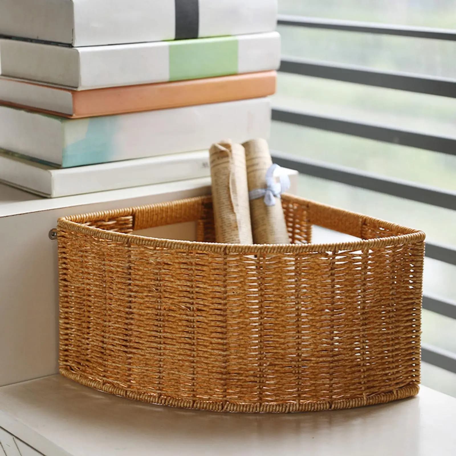 Cesto portaoggetti angolare in plastica, contenitore organizer intrecciato salvaspazio, scatola decorativa aperta per bagno, camera da letto, arredamento casa