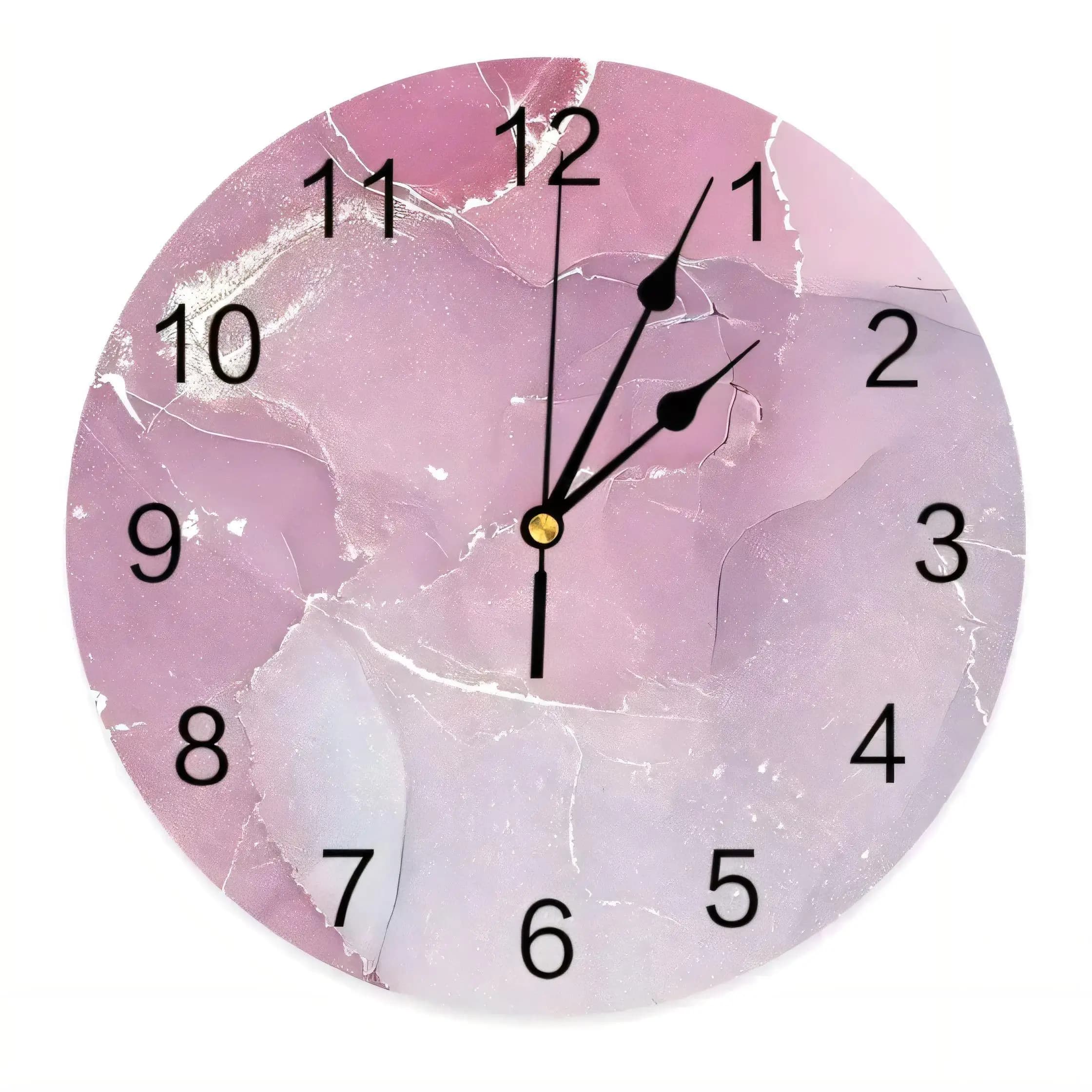 Modern Round Wall Clock Abstract Pink Lavender Marble Design Silent Non Ticking Home Decor 128 Bytes