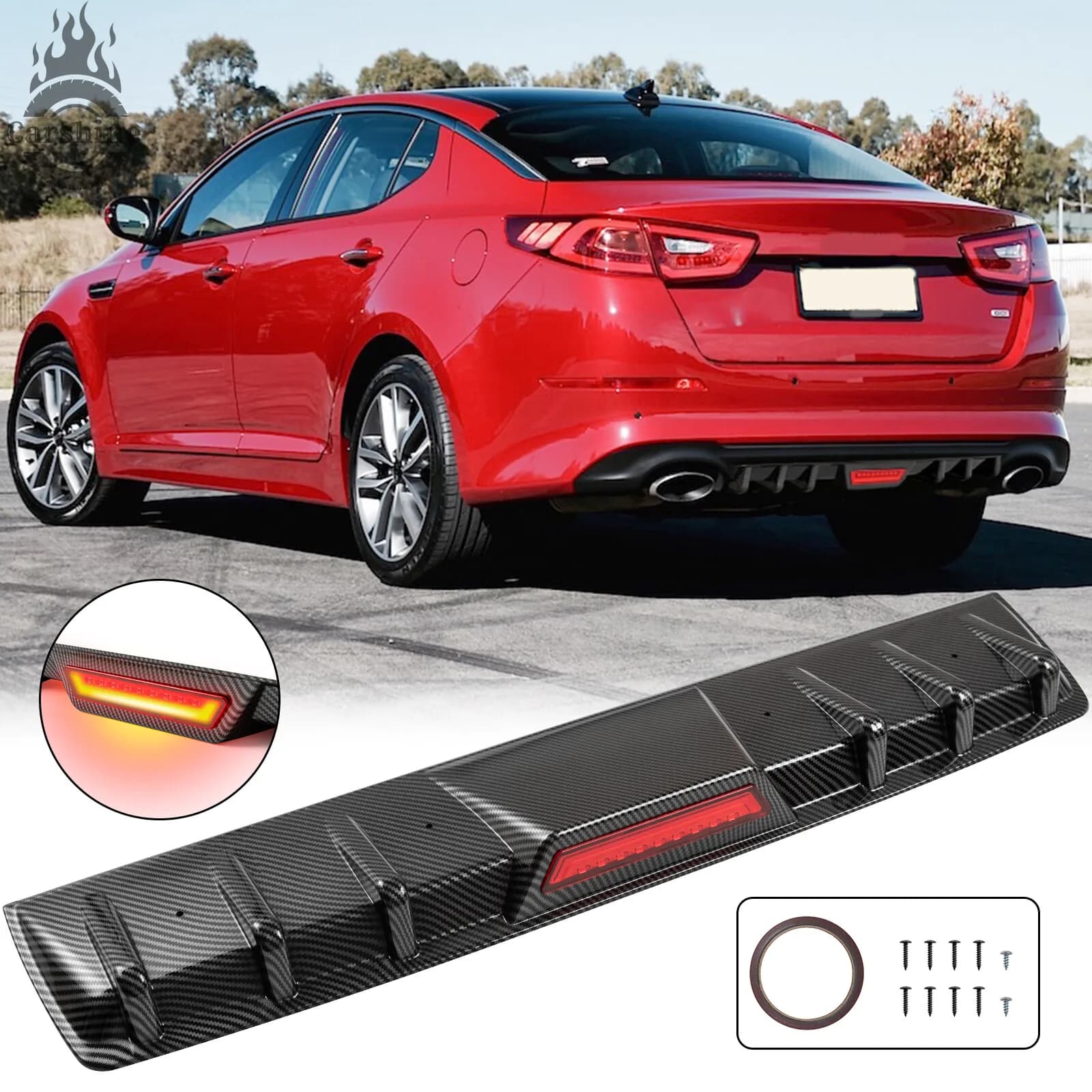 Diffusore paraurti posteriore in fibra di carbonio con luce freno a LED per Kia Optima Forte Rio5
