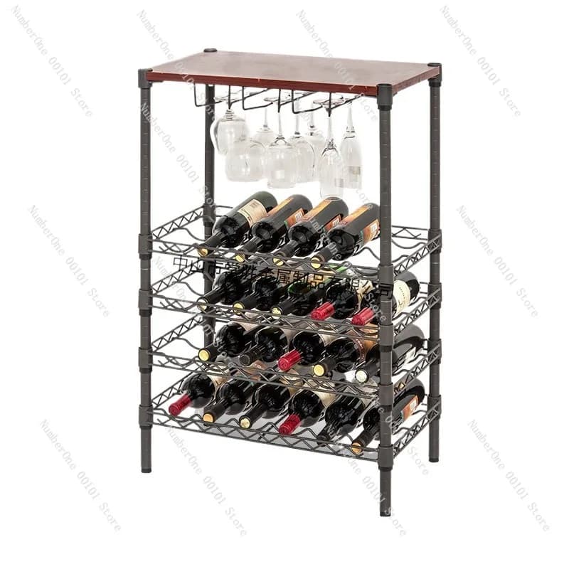 Portabottiglie multistrato per vino rosso con supporti per bicchieri da vino sospesi, strato superiore in legno per esposizione, eleganti bar per la casa per portabottiglie