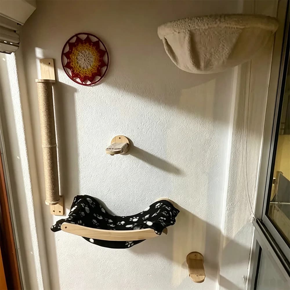 Wall Mount Solid Wood Cat Hammock Bed Cat Wall Perch Floating Cat Shelves Cat Climbing Stairs Steps Sisal Scratching Post