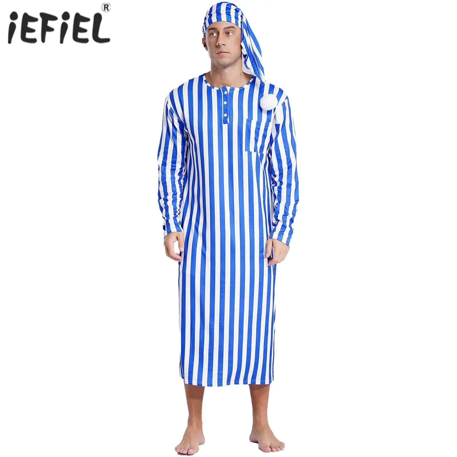 Pigiama musulmano arabo da uomo Cappello da notte regolabile Abito con cappello Abito lungo a maniche lunghe e pompon Abiti cosplay Indumenti da notte Sissy