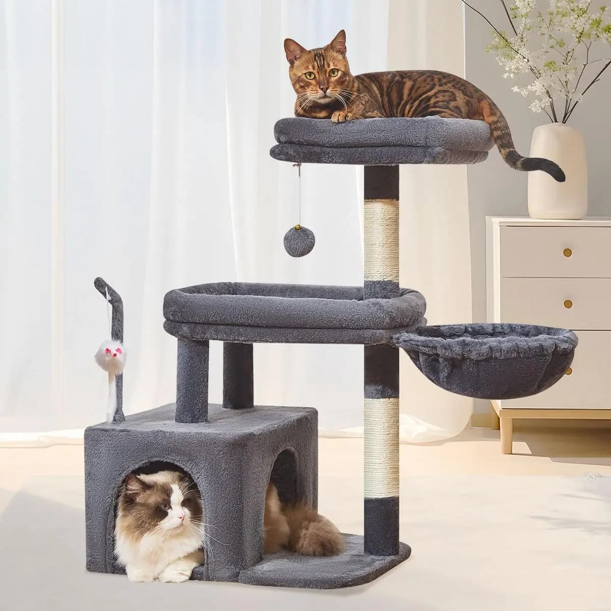 MS043G Albero per Gatti, Torre per Gatti da Interno da 82 cm, Cuccia per Gatti con Ampia Piattaforma, Spazioso Tiragraffi per Gatti