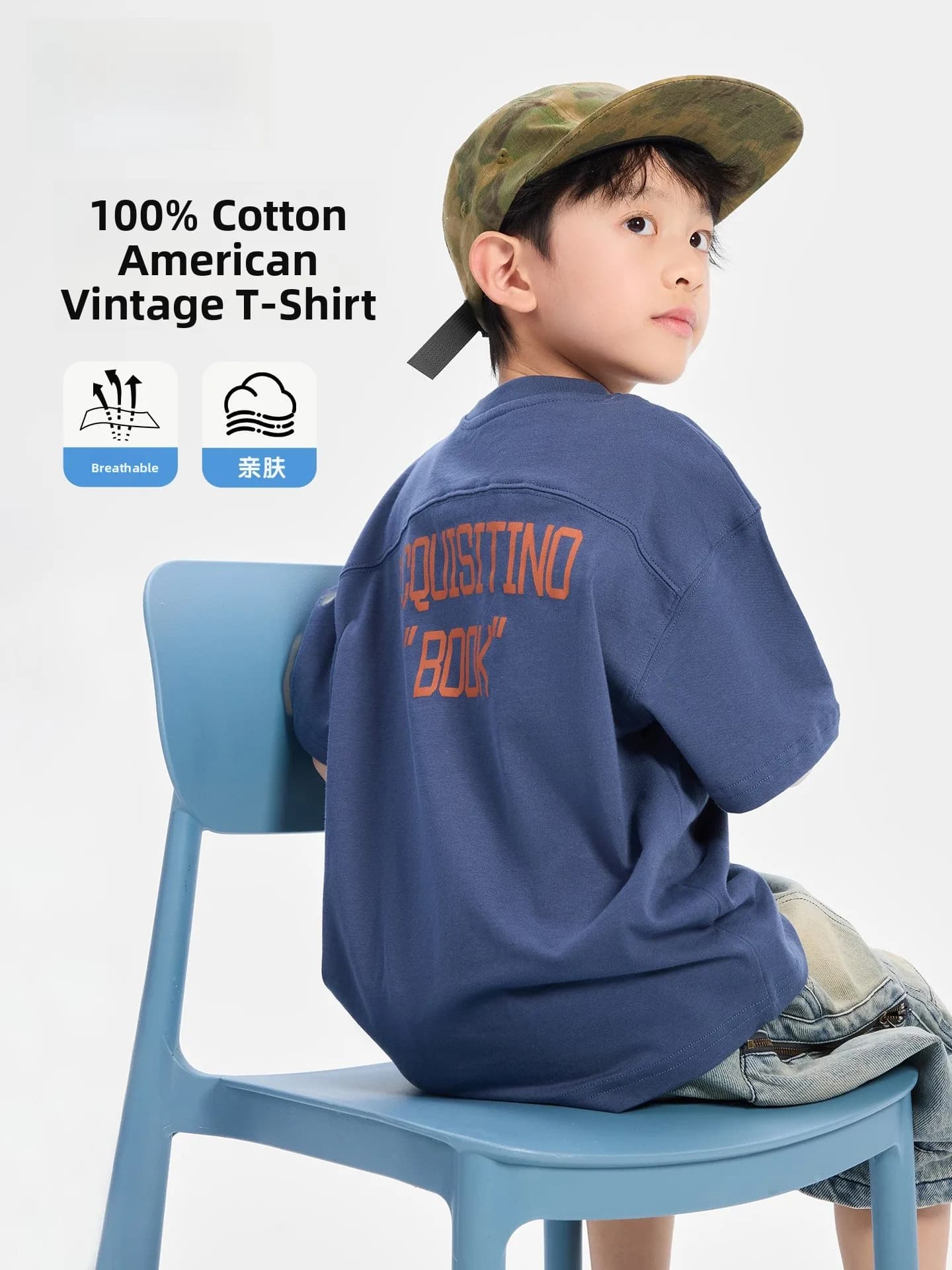 Boys' Cotton T-Shirts Short Sleeve American Style Retro Fashionable Summer Clothes for Kids Breathable round Neck Print Tops