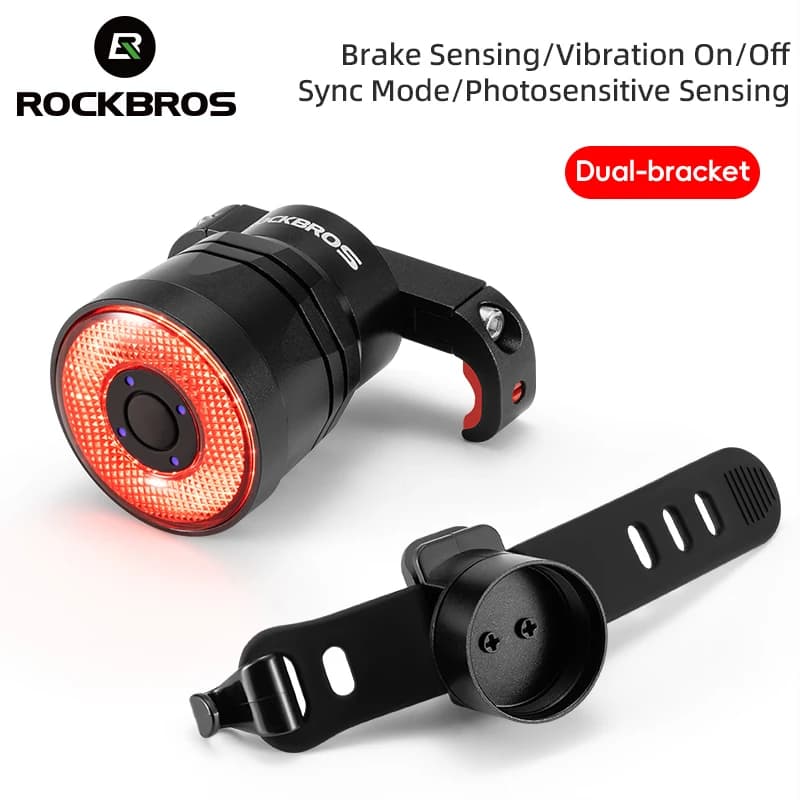 ROCKBROS Luce posteriore per bicicletta Luce di vibrazione del freno intelligente Sensore fanale posteriore per bici Tipo-C Fanale posteriore per ciclismo su strada MTB sincronizzato