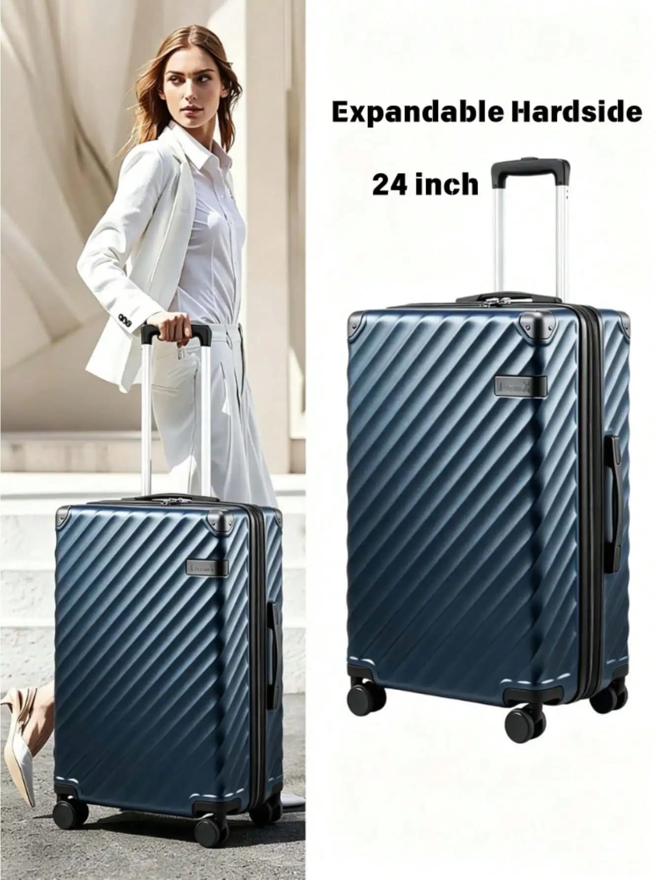 24 Inch Expandable Hardside Luggage With Spinner Wheels, TSA Lock Lightweight Medium Checked Suitcase For Back To School (70L-76L)