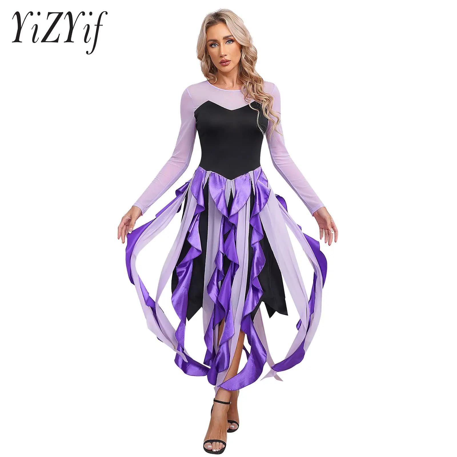 Costume da polpo adulto da donna, tenacoli viola di Halloween, gonna lunga lunga, sirena, cattivo, strega di mare, vestito operato da festa