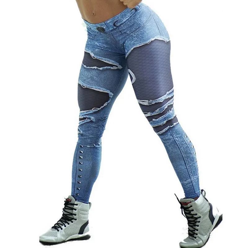 Summer Women’s Printed Patchwork Denim-Inspired High-Waist Compressive Thigh-Hugging Fitness/Yoga Pant