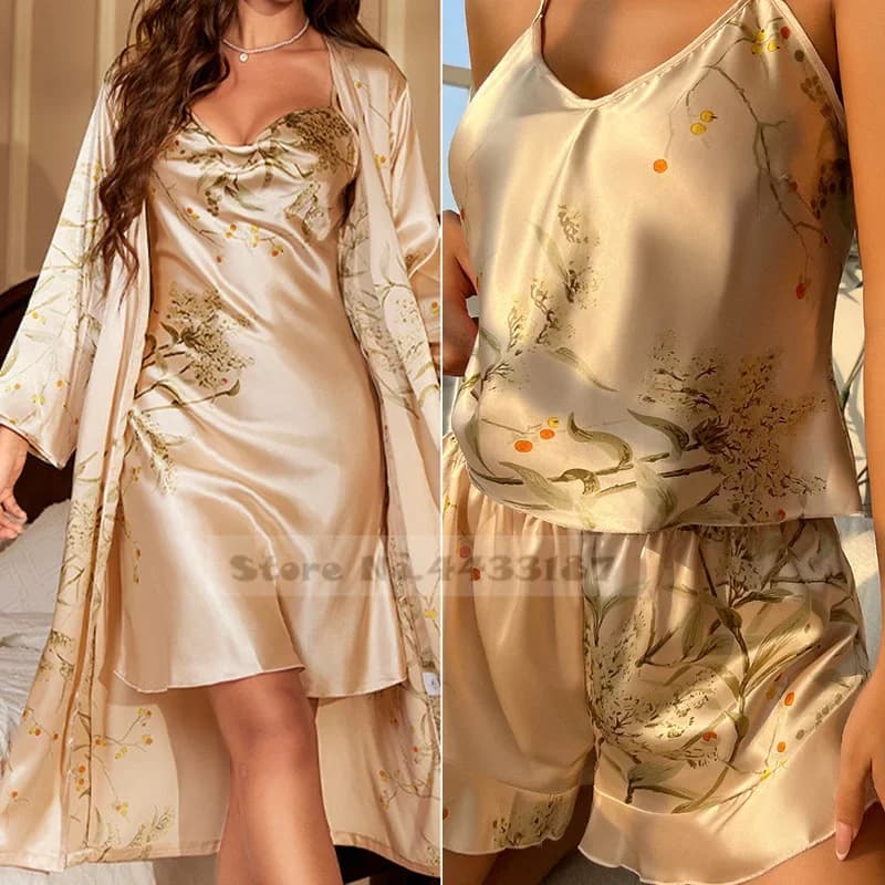 Set pigiama da donna 4 pezzi Kimono accappatoio camicia da notte stampa fiore Home Wear camicia da notte pigiama completo estivo in raso pigiameria Loungewear