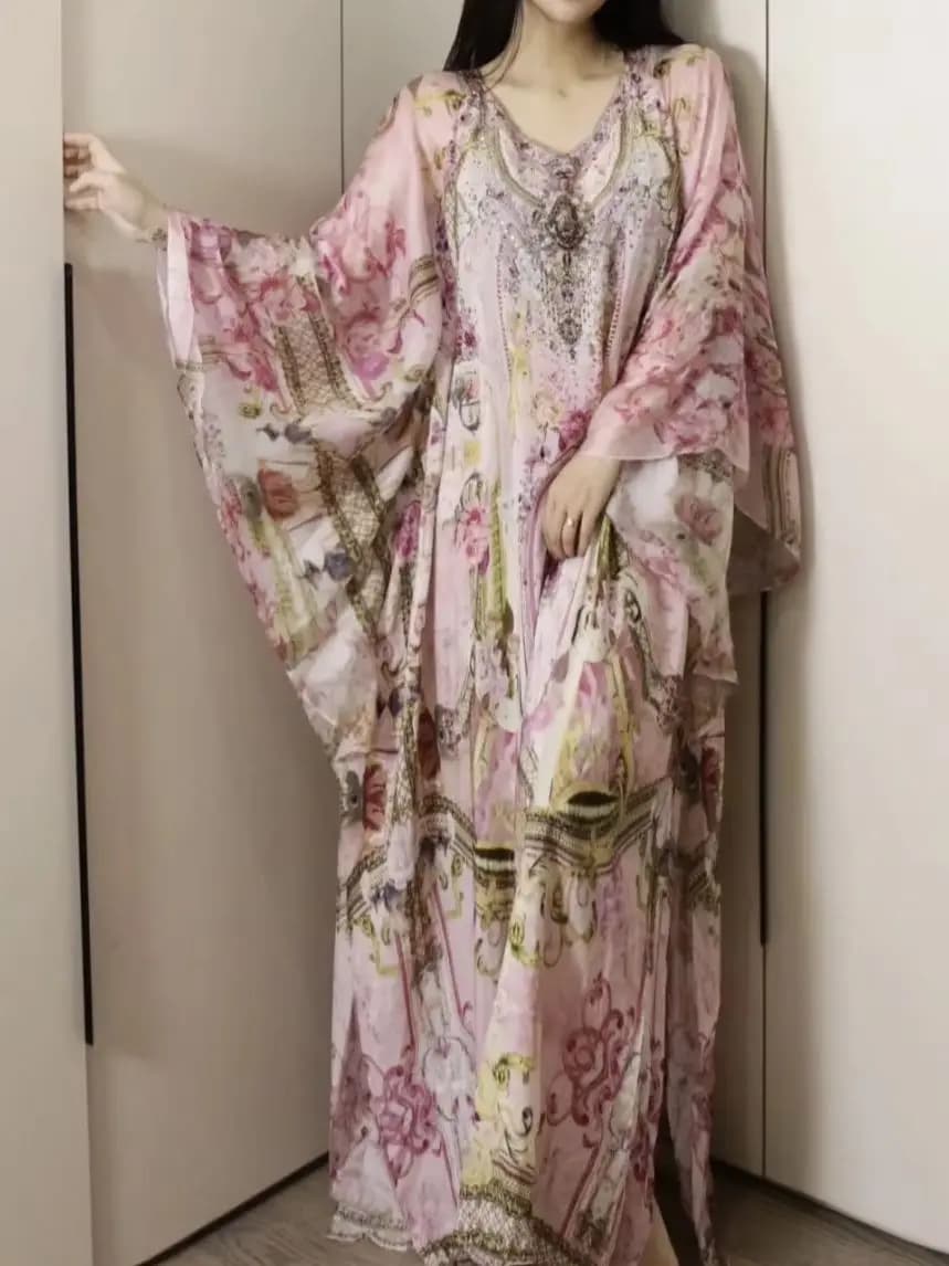 Women Pink Printed Maxi Dress 100% Silk Heavy Beaded V-Neck Batwing Sleeve Loose Female Robe