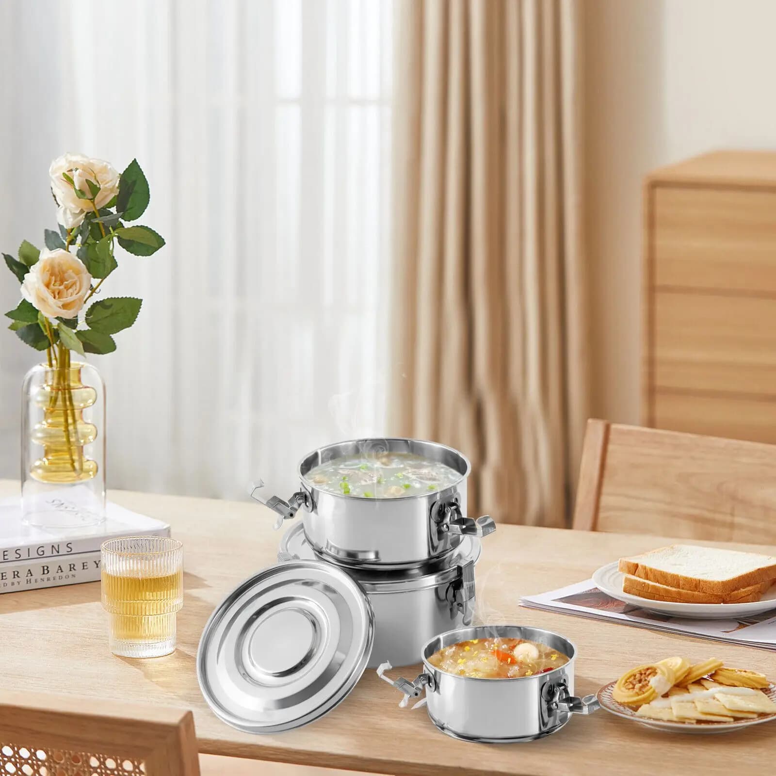 3-Pack 304 Stainless Steel Food Storage Containers with Polished Finish, 4.72/5.51/6.3x2.36/2.76/3.15in Silver, 1.52lbs 650/1000/1600ml for Kitchen Pantry Meal Prep