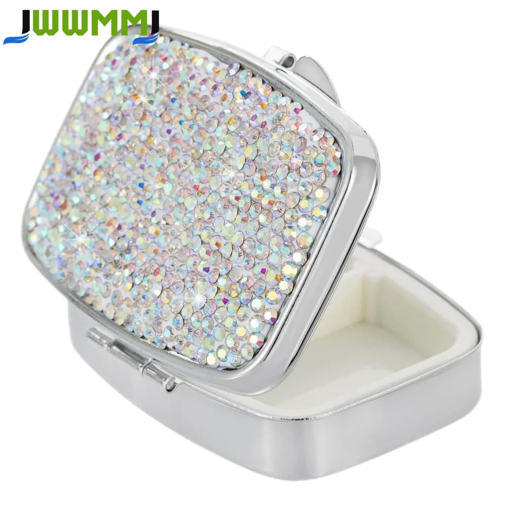 Bling Pill Box, Portable 2 Compartments Daily Pill Organizer, Small Travel PillCase, Medicine Vitamin Pill Container Organizer