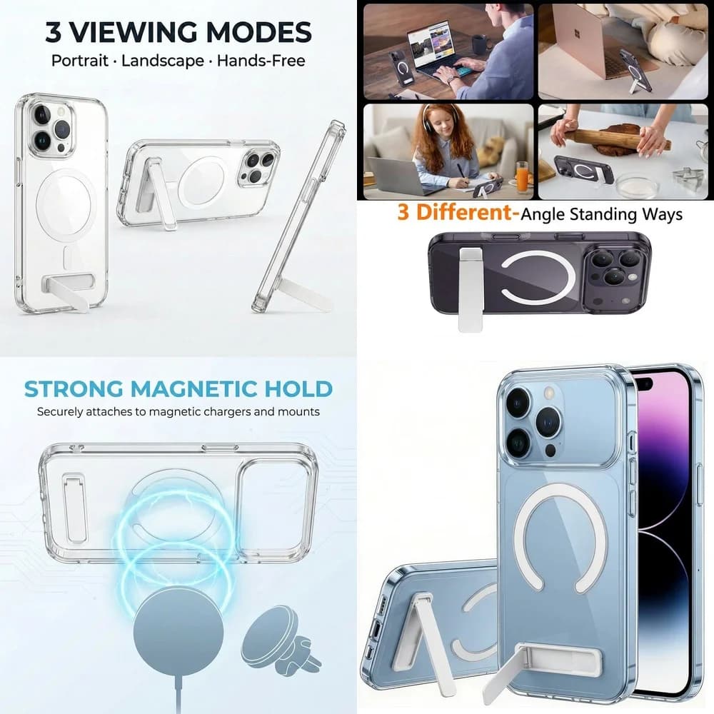 Premium Magnetic Clear Phone Cover with Foldable Holder Stand Anti-Yellowing for iPhone 11 12 13 14 15 16 17 Pro Max Plus mini