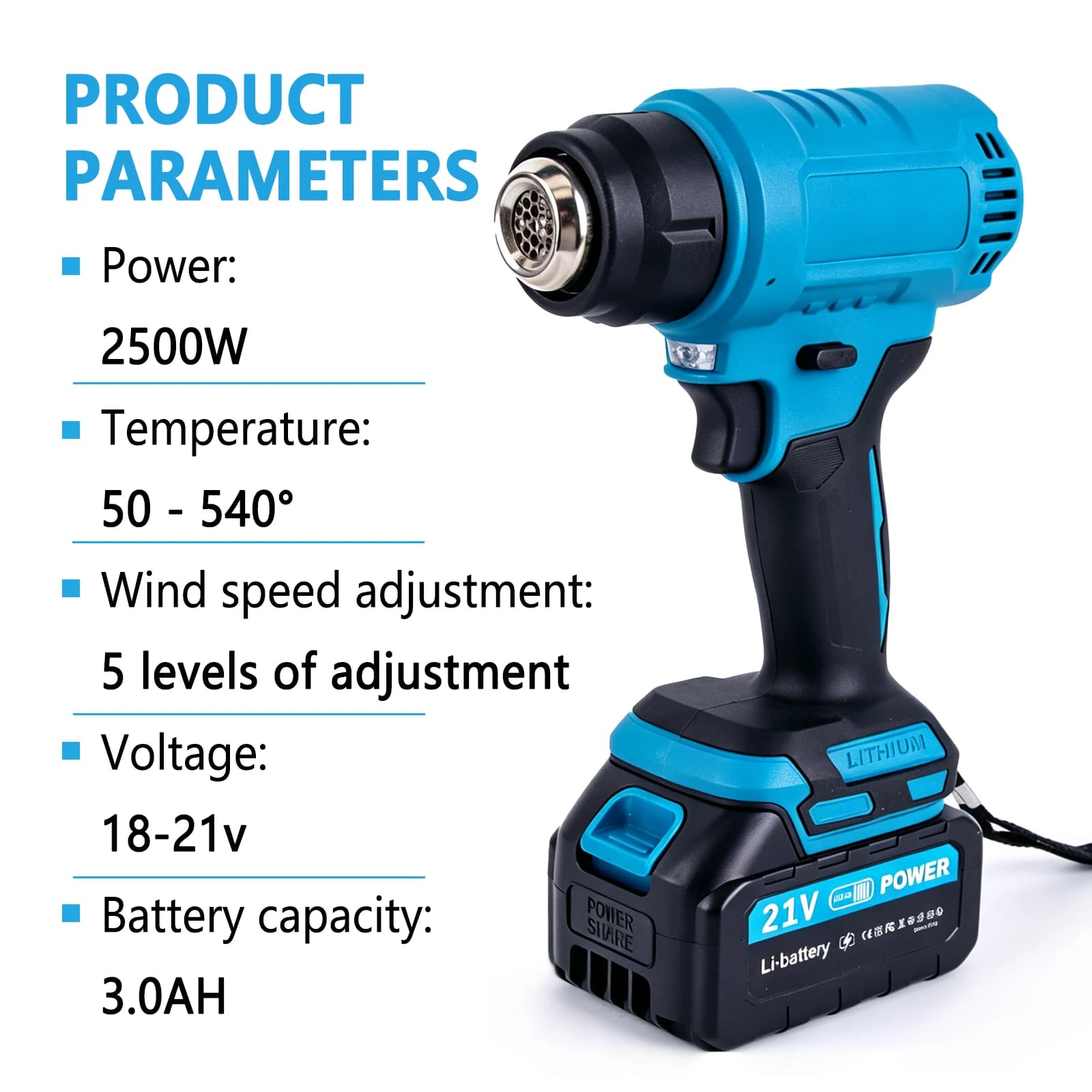 2500W Cordless Heat Gun Variable Temperature 50-540°C 5 Speed Wind for Paint Stripping Shrink Wrap For Makita 18V Battery Pin