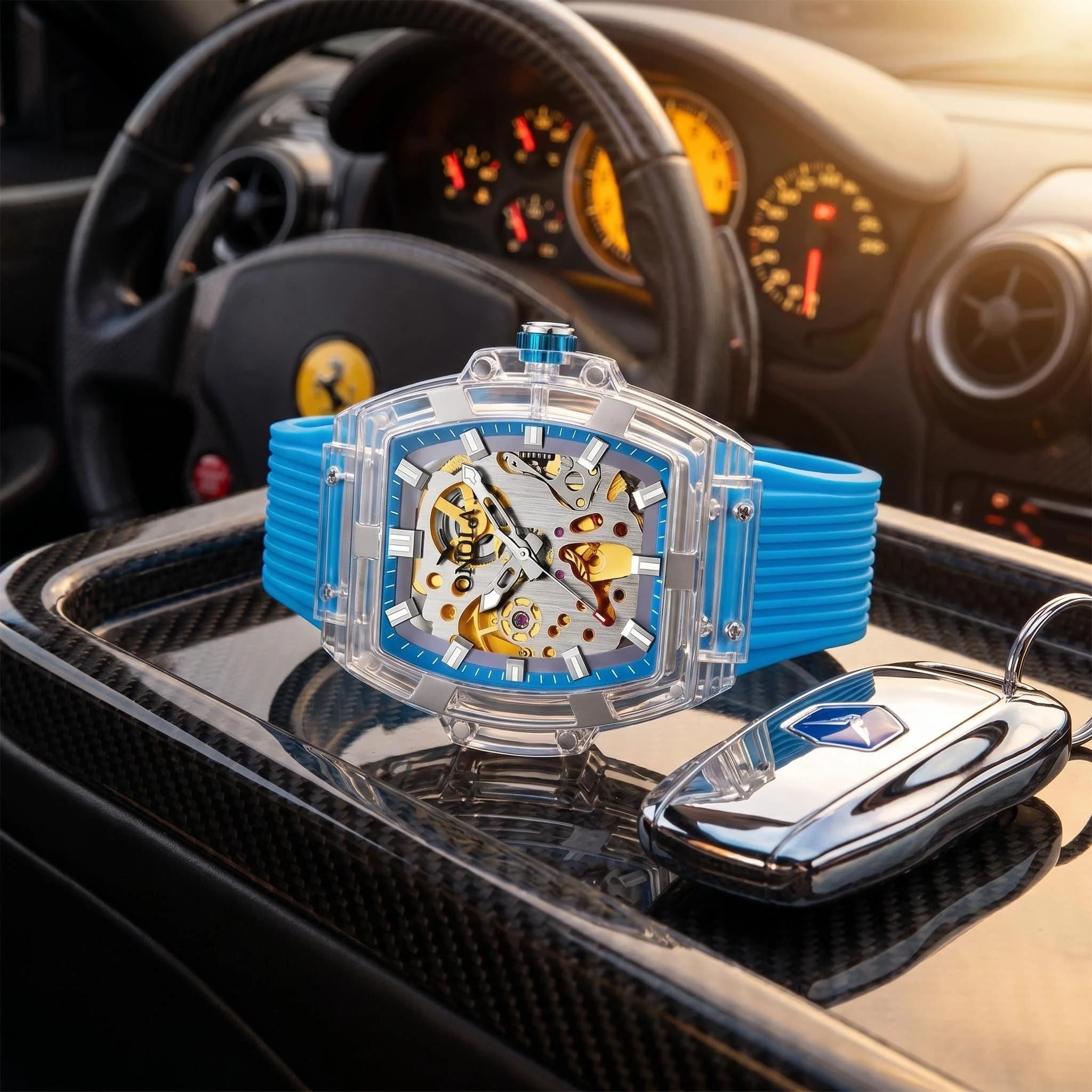 Nuovo orologio meccanico da uomo ONOLA, alla moda, con cassa trasparente impermeabile, orologio con cinturino adesivo per uomo