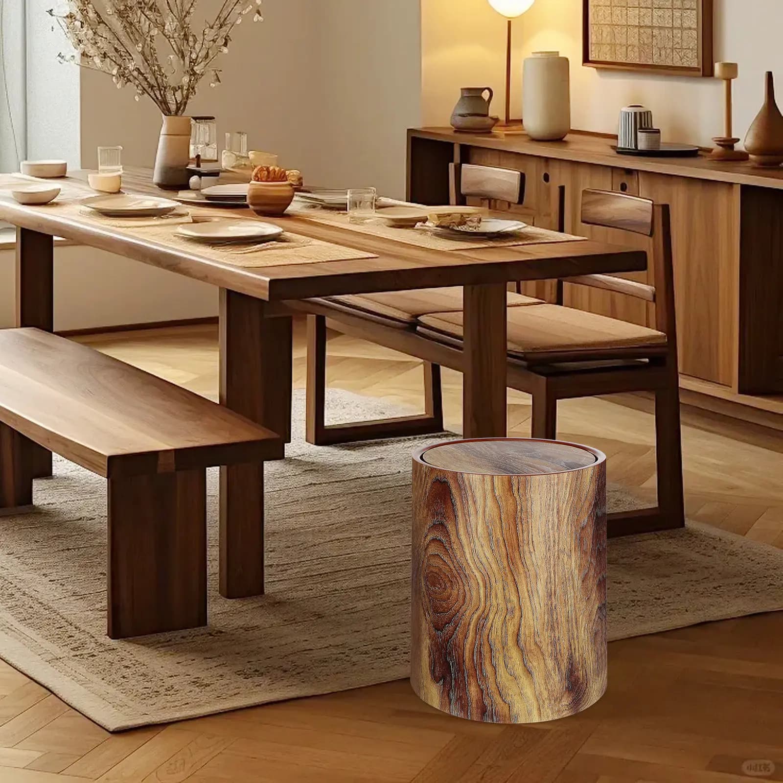 Imitation Wood Grain Trash Can Swing Lid Home Office Round Wastebasket Plastic Household Garbage Bathroom