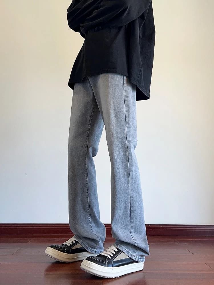Smoke Grey Slim Fit Straight Leg Men's Jeans American Vintage Style Long Trousers Spring Autumn Wear Faded Washed Denim
