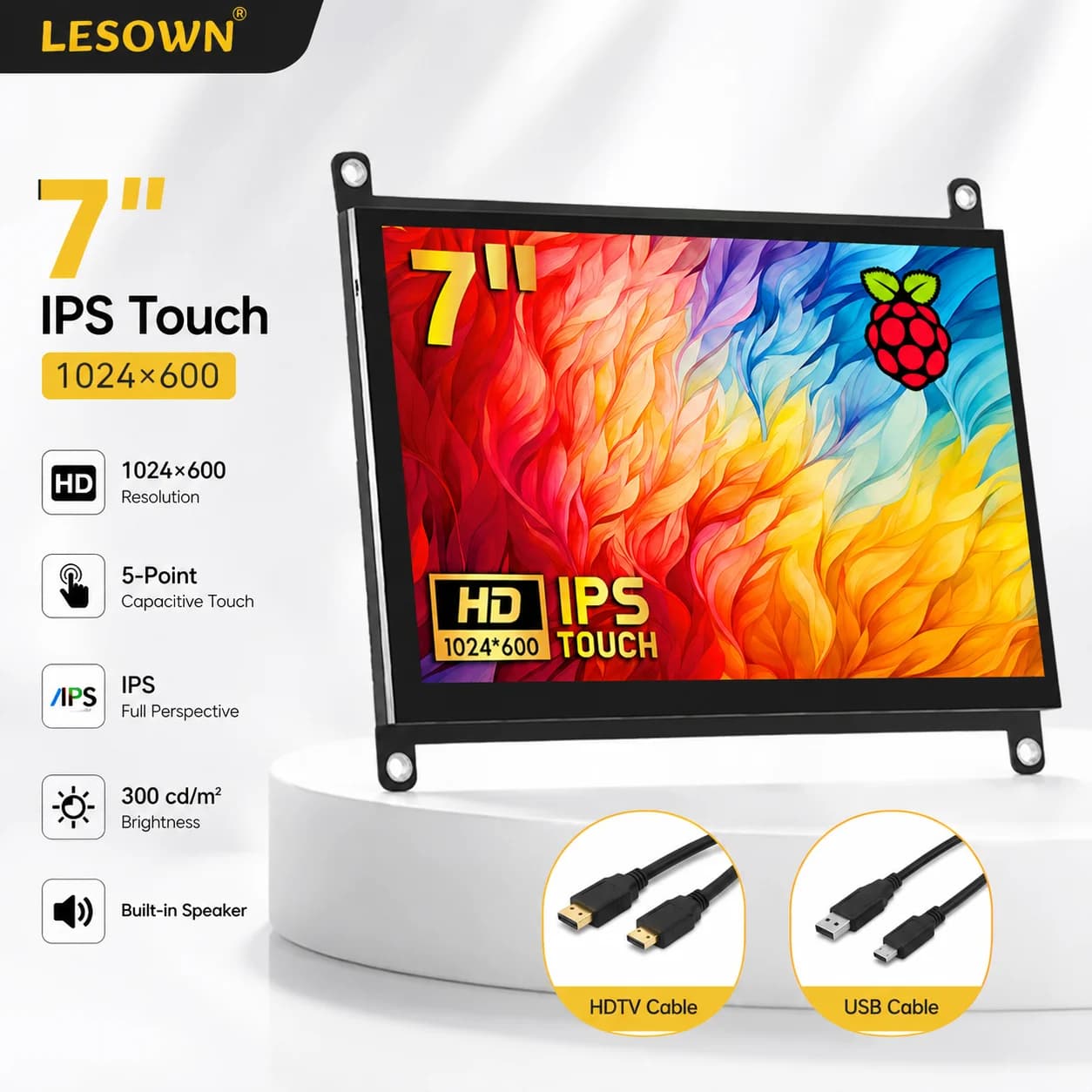 LESOWN 7 inch LCD Assembly HDTV with Speakers 5-Point Touch Driver-Free Plug and Play for Raspberry Pi