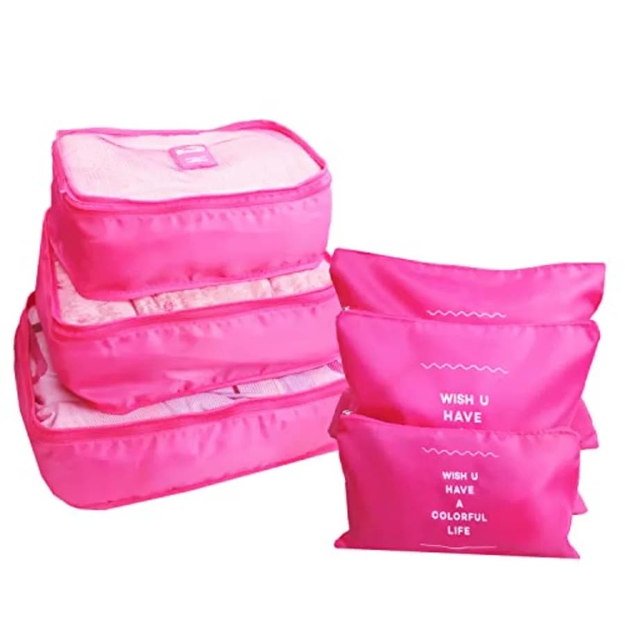 Set di 6 Cubi Organizzatori per Valigie, Borse per Lavanderia, Organizer da Viaggio per Zaini e Valigie, Sacchetti Comprimibili in Rosa Acceso
