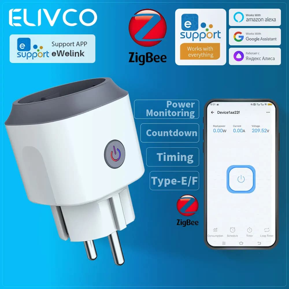 Presa Intelligente eWelink Zigbee EU con Monitoraggio Consumi, Timer e Conto alla Rovescia, Compatibile con Home Assistant, Google Assistant, Alexa, Alice