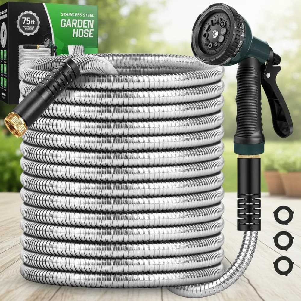 75-foot stainless steel garden pipe with 10 functions nozzle, no bruises, leak-proof for washing of courtyards and cars