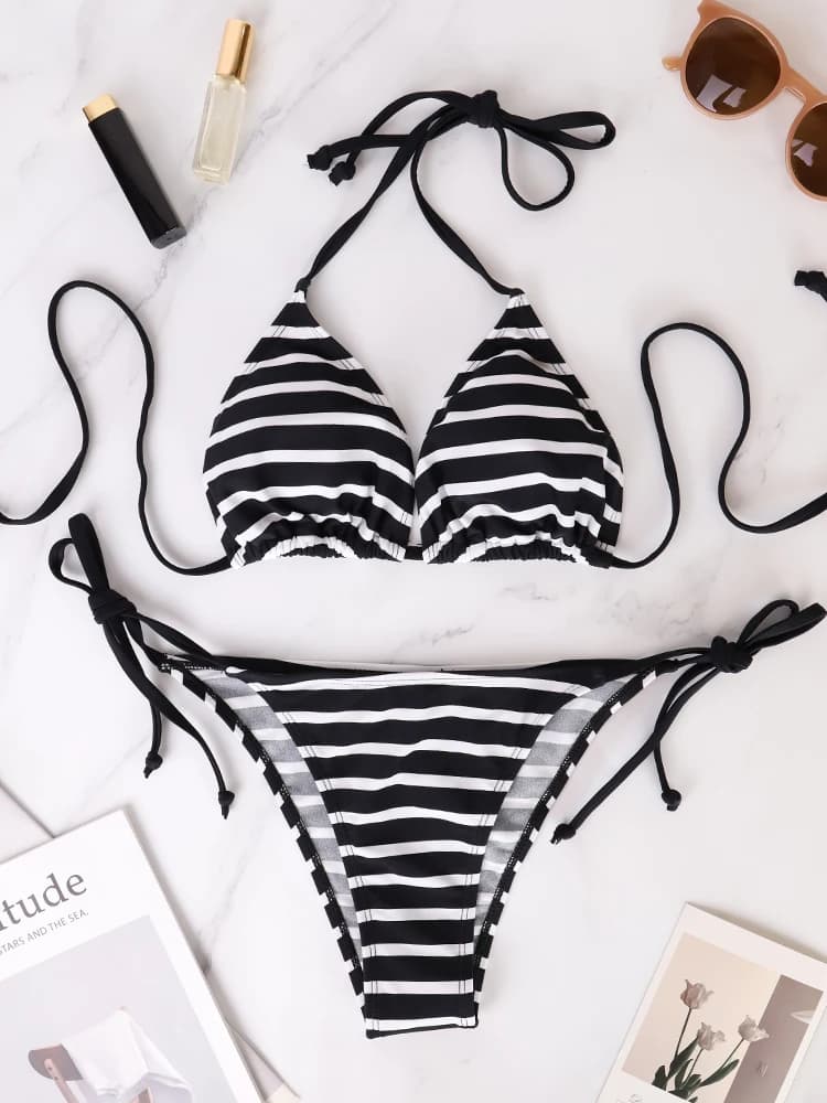 Set da due pezzi Triangolo Fasciatura Costumi da bagno femminili Estate Sexy Bikini a righe bianche e nere Costume da bagno da spiaggia Bikini stile donna