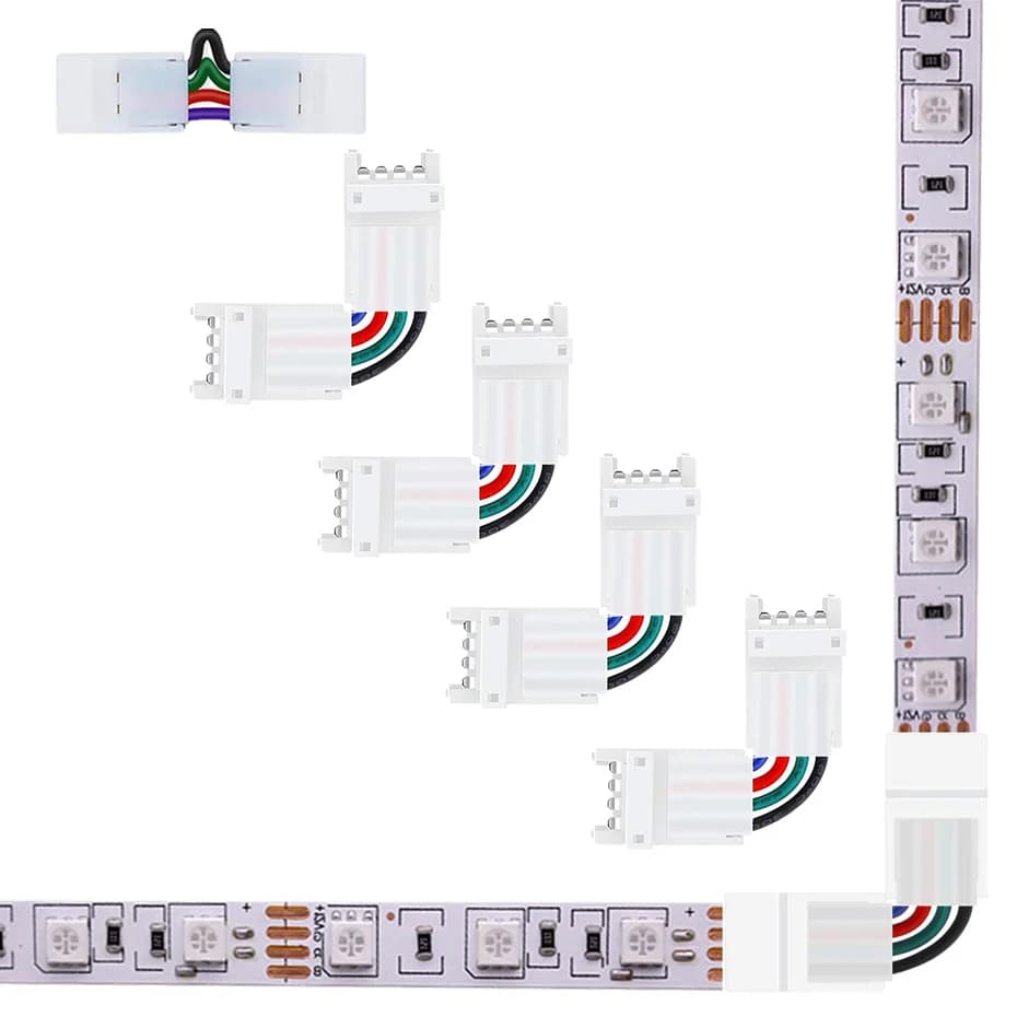 Connettori LED a forma di L da 5 pezzi, 3 pin, 4 pin, connettori angolari da 10 mm di larghezza, terminali senza saldatura per strisce LED SMD RGB RGBIC