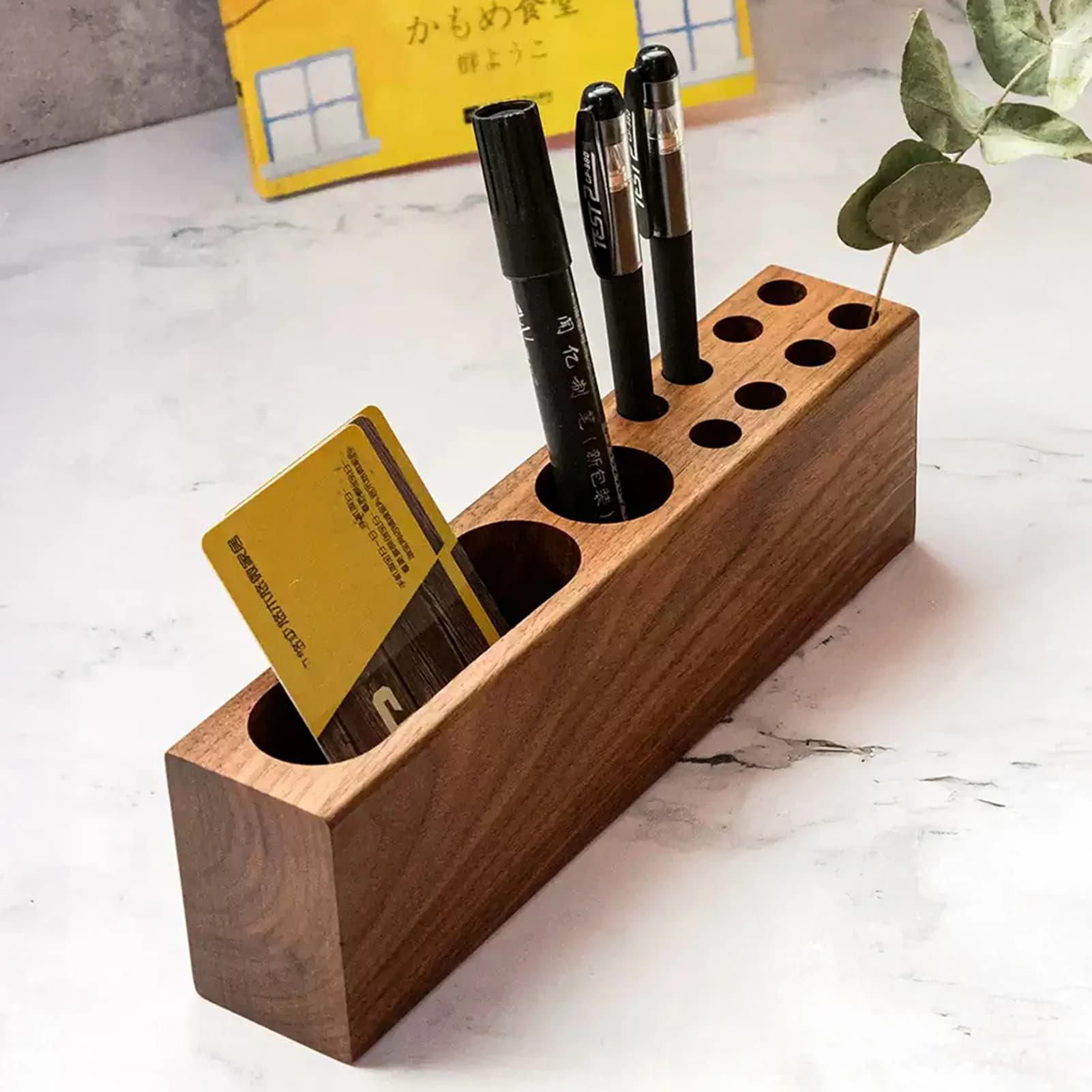 Portapenne da Scrivania in Legno di Acacia, Supporto per Matite, Porta Biglietti da Visita, Organizzatore per Penne Stilografiche, Decorazione Estetica per Ufficio
