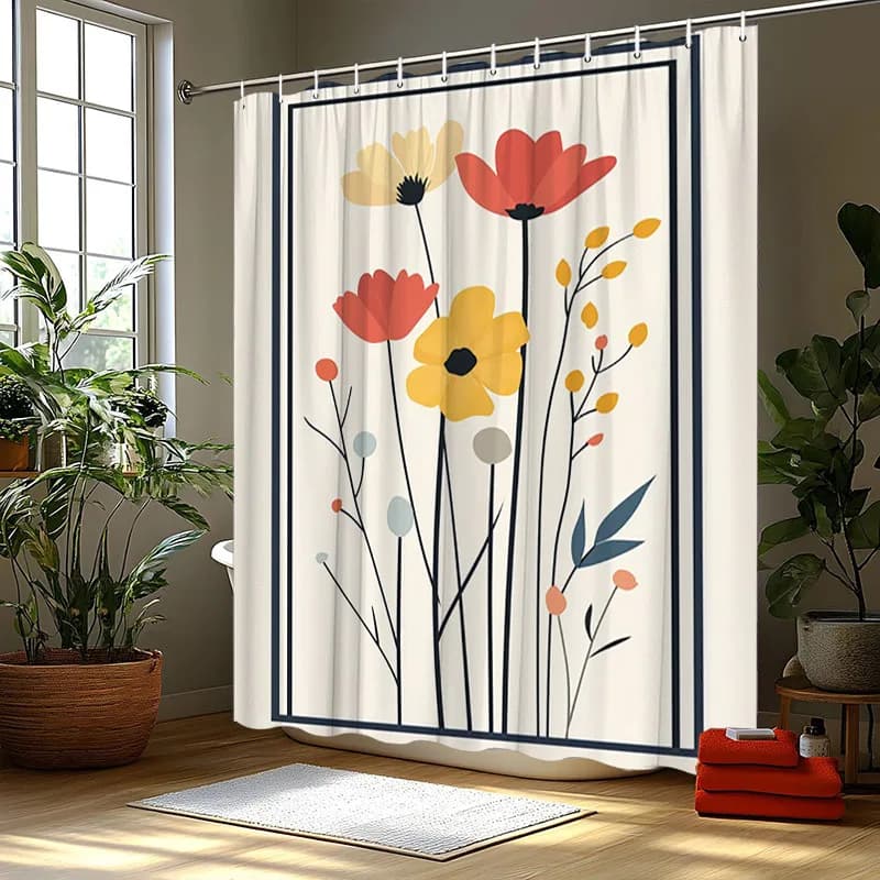 Tenda da doccia floreale astratta moderna - Fiori rossi, gialli e arancioni con steli neri su sfondo beige, poliestere
