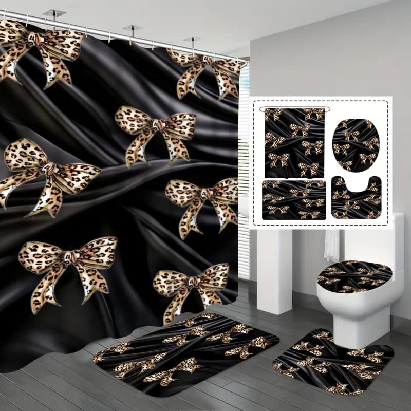 Set di 1/3/4 Pezzi Tenda Doccia con Stampa Leopardata, Lussuosa Tenda da Bagno Nera con Tappetino Antiscivolo e Copri WC, Impermeabile