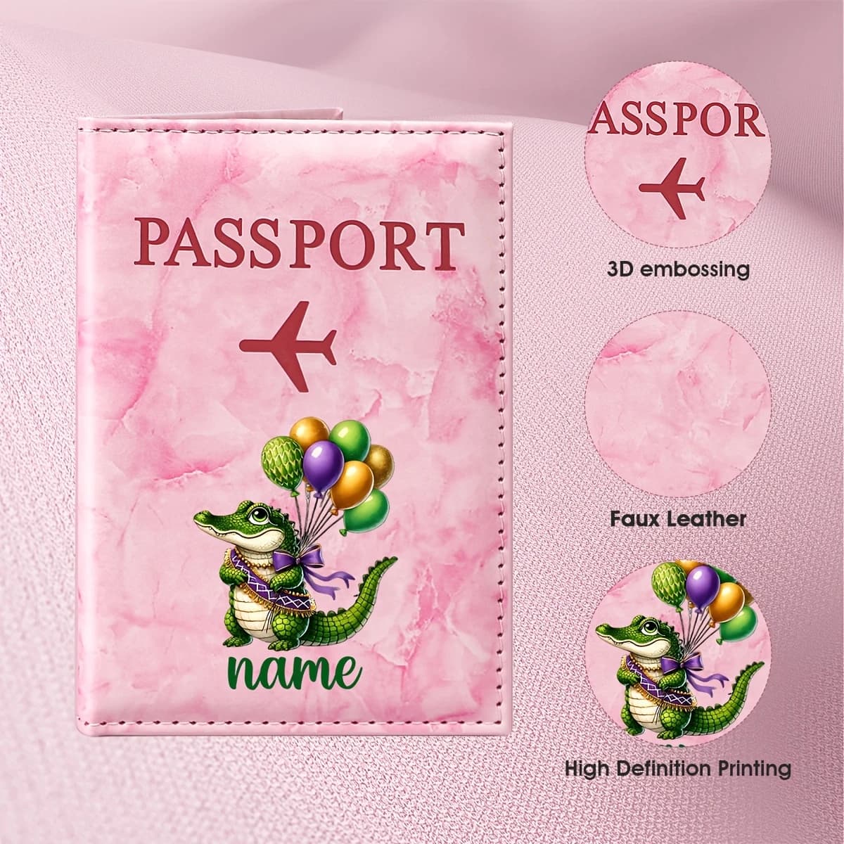 Custom Name Cute Alligator Balloon Illustration Design PU Passport Holder, Green Alligator Holding Colorful Balloons Pattern