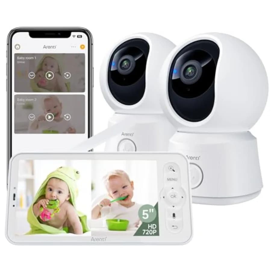 ARENTI Baby Monitor con 2 Telecamere e Display Wireless da 5 Pollici, Visione Notturna Superiore, Sensore di Temperatura, Rilevamento Suoni, Rilevamento Automatico del Movimento