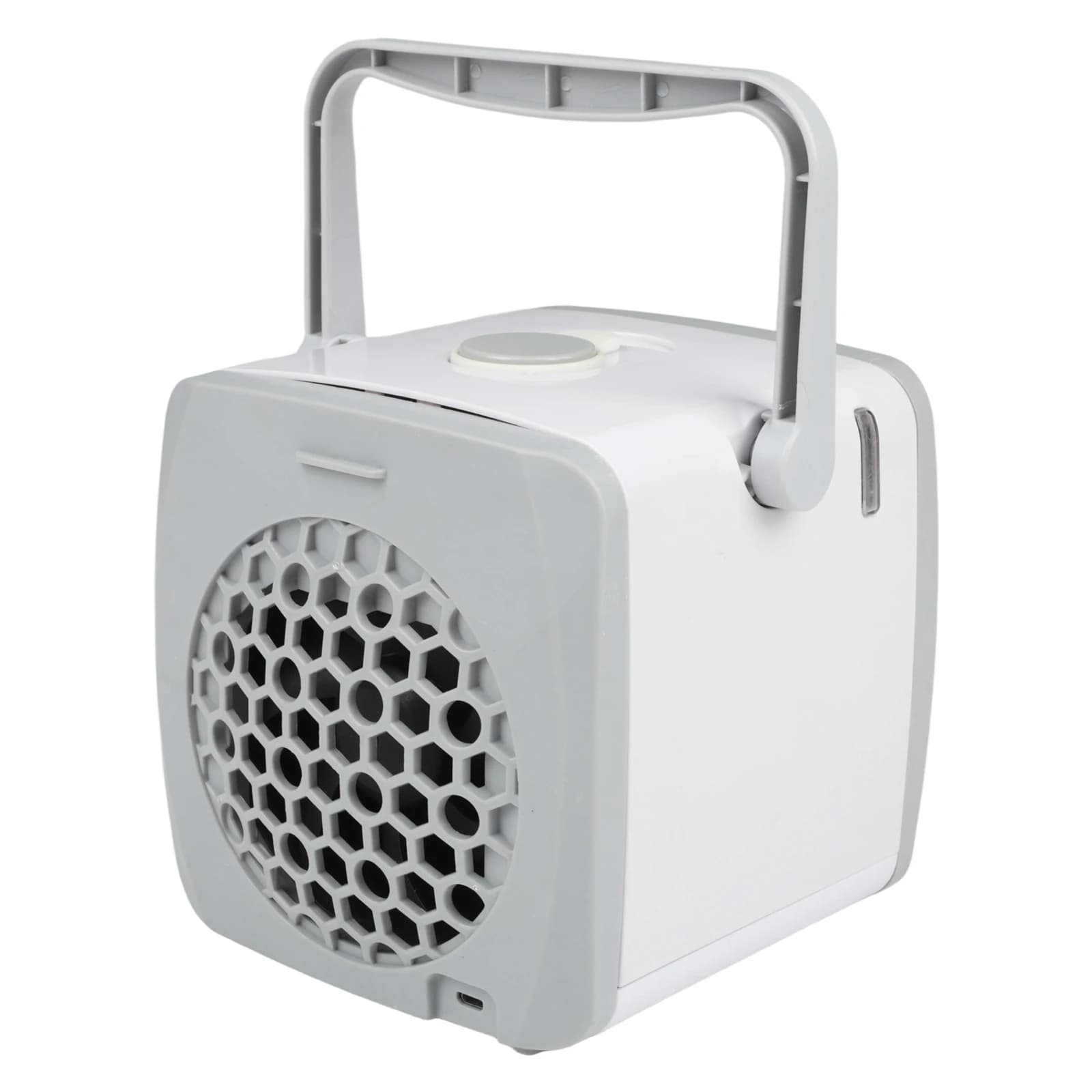 Mini condizionatore d'aria portatile alimentato tramite USB con ventola a 3 velocità e umidificatore per piccoli spazi, ideale per casa o ufficio.