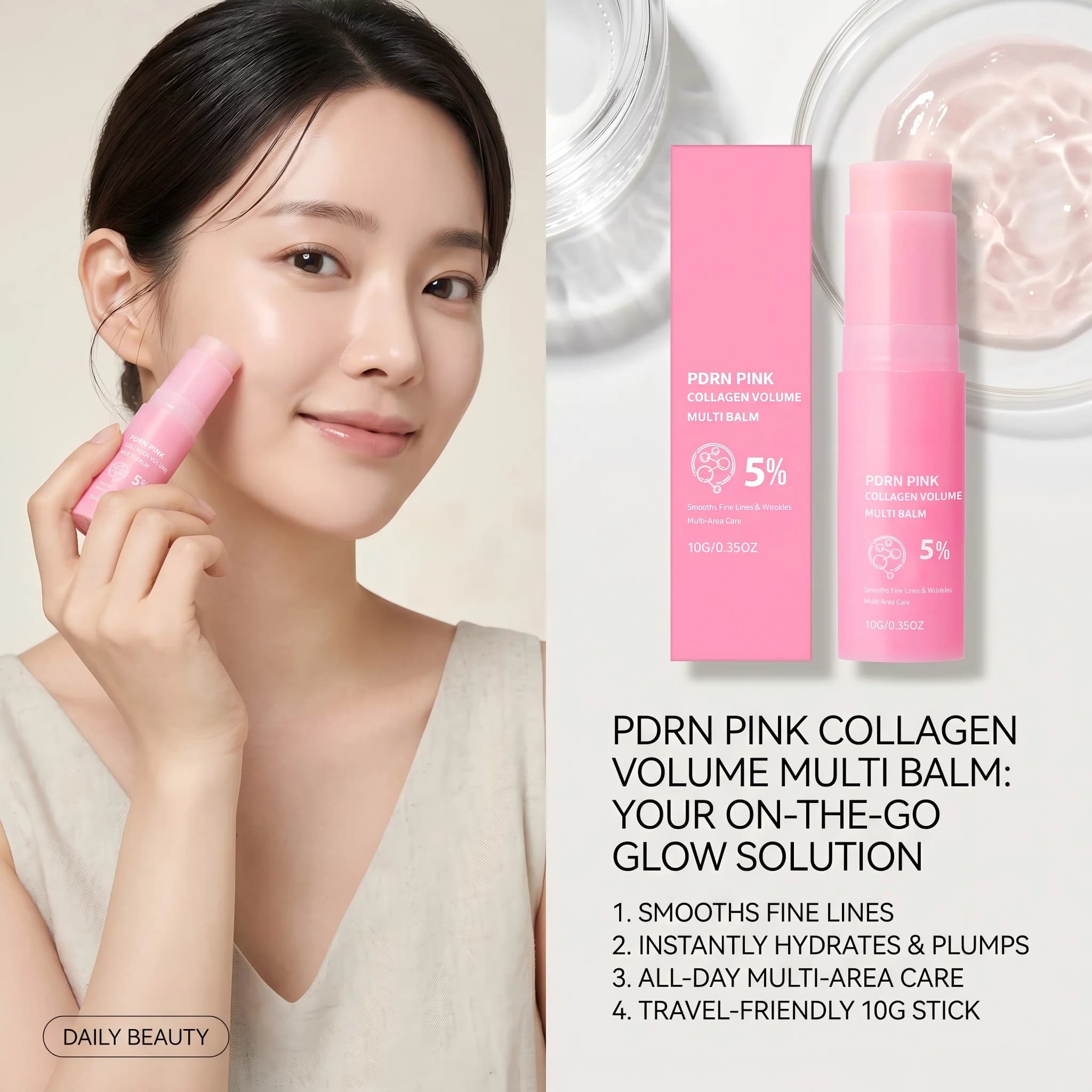 All-in-One 5% PDRN Collagen Multi Balm 10g Volume Boosting & Hydrating Stick for Eyes, Neck & Face,Plumping Balm for Fine Lines
