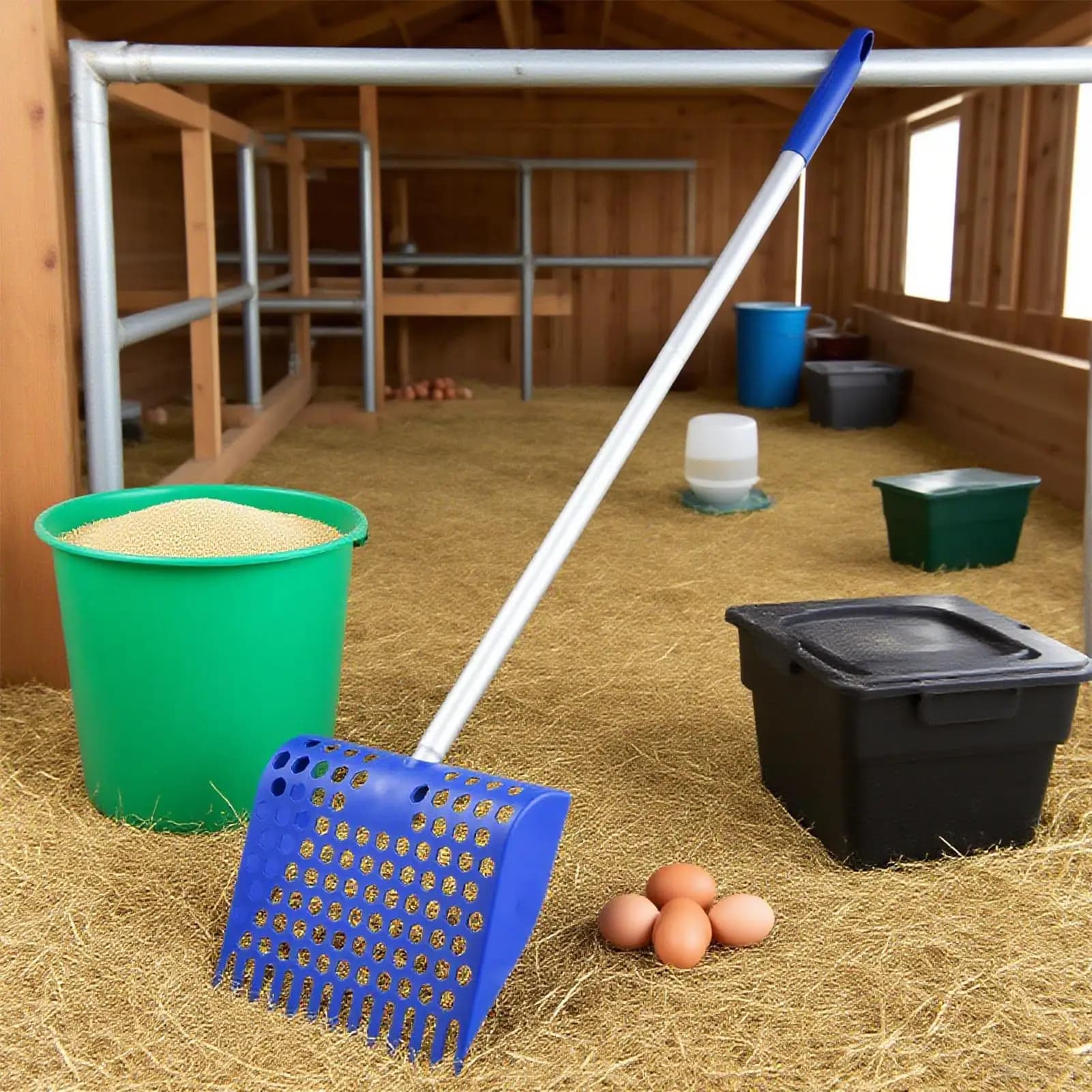 Raccoglitore di Escrementi di Pollo per Sabbia, Rastrello e Paletta per Pollaio con Manico Lungo, Pala Staccabile, Paletta Retrattile per Lettiera di Gatti