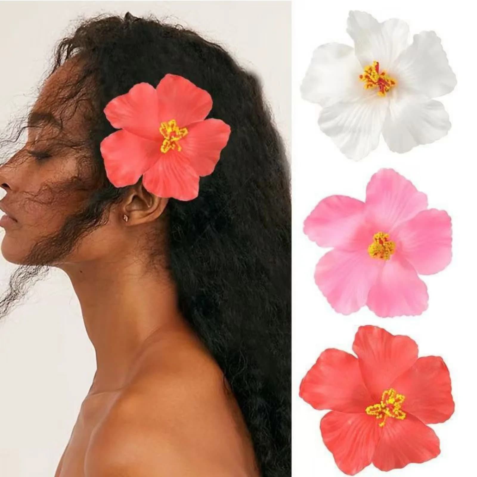 1 fermagli per capelli con fiore di ibisco, bianco, arancione e rosso, accessori per capelli tropicali per look spiaggia e estivo