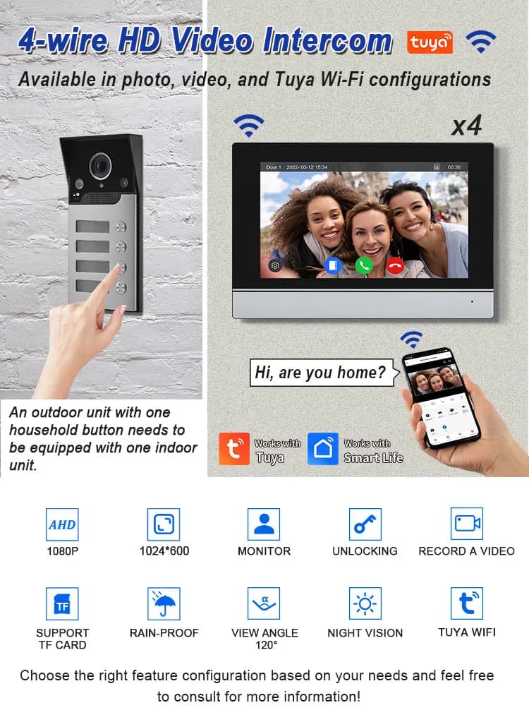 Videocitofono con Schermo IPS da 7 Pollici, 2MP 1080p, Controllo Remoto tramite App Tuya, 4 Fili AHD WIFI, Telecamera Visiva per Porta