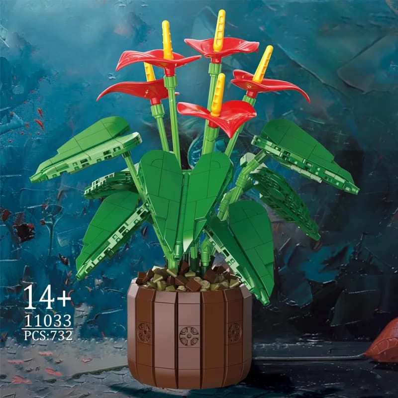 Kit di Costruzione Modello di Pianta di Anthurium Artificiale 11033, 732 Pezzi, Vasi Assemblabili, Decorazione per la Casa, Giocattolo con Mattoncini Piccoli