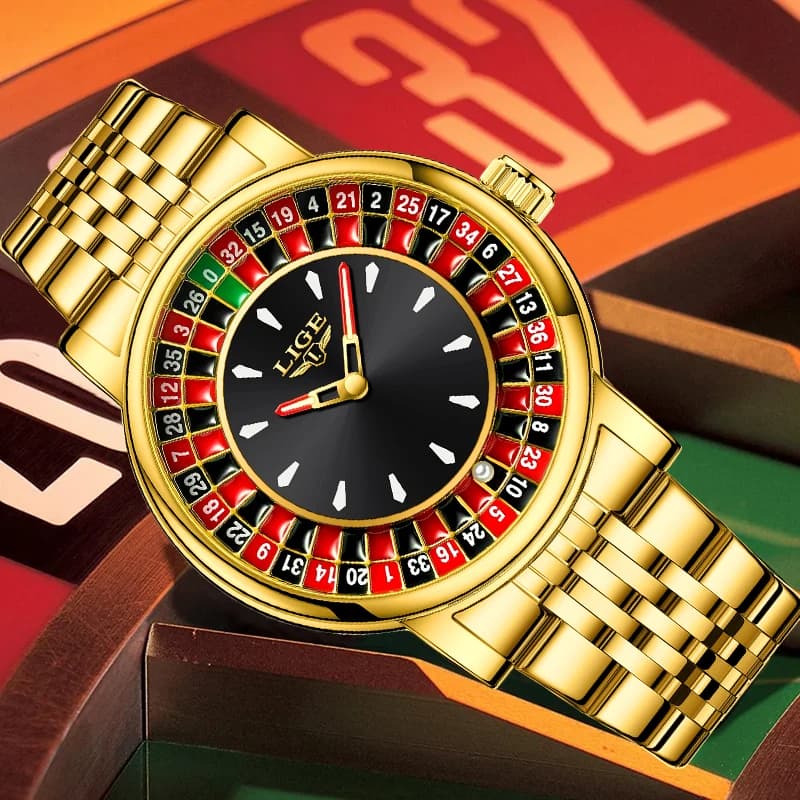 LIGE New Fashion Quartz Watches for Men Stainless Band Gambling Series Rotating Dial Roulette Luminous Waterproof Man Watch Gift