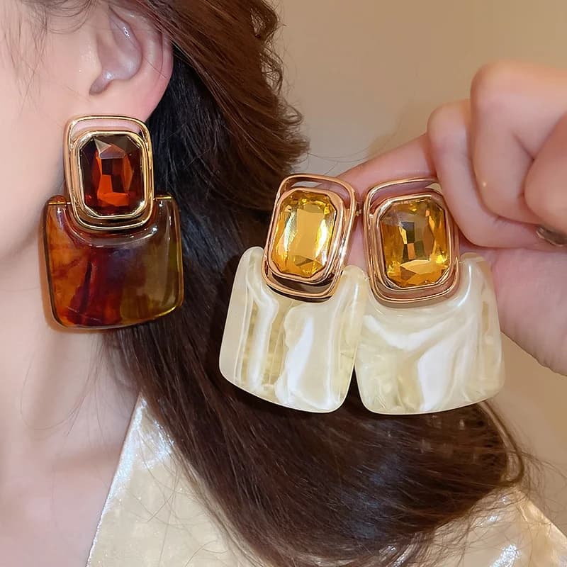 Orecchini da Donna con Ago d'Argento Incastonato in Resina, Colore Sfumato e Diamanti, Gioielli di Moda Vintage Esagerati e di Lusso