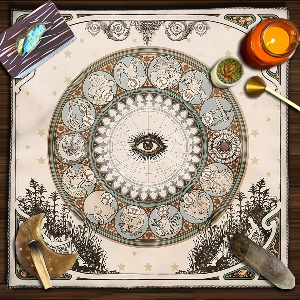 Tappetino per divinazione in tessuto per tarocchi zodiacali con occhi che si vedono e segno di astrologia Tovaglia per altare con stampa per carte dei tarocchi Rituale oracolo
