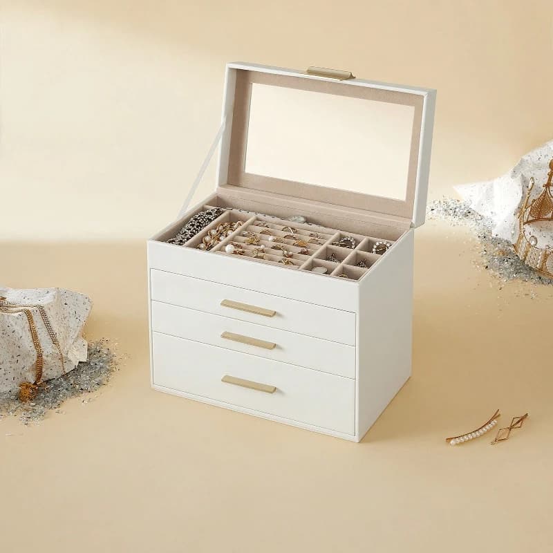Upgraded 4-Layer Jewelry Storage Box with Glass Lid & 3 Drawers, Large Capacity Velvet Lined Organizer for Sunglasses, Necklaces, Rings & Earrings, Modern Display Case, Perfect Gift for Women