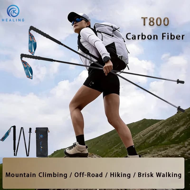 Bastoncini da Trekking Ultra Leggeri Pieghevoli, Bastoni da Escursionismo Portatili in Fibra di Carbonio, Bastoni da Nordic Walking con Borse