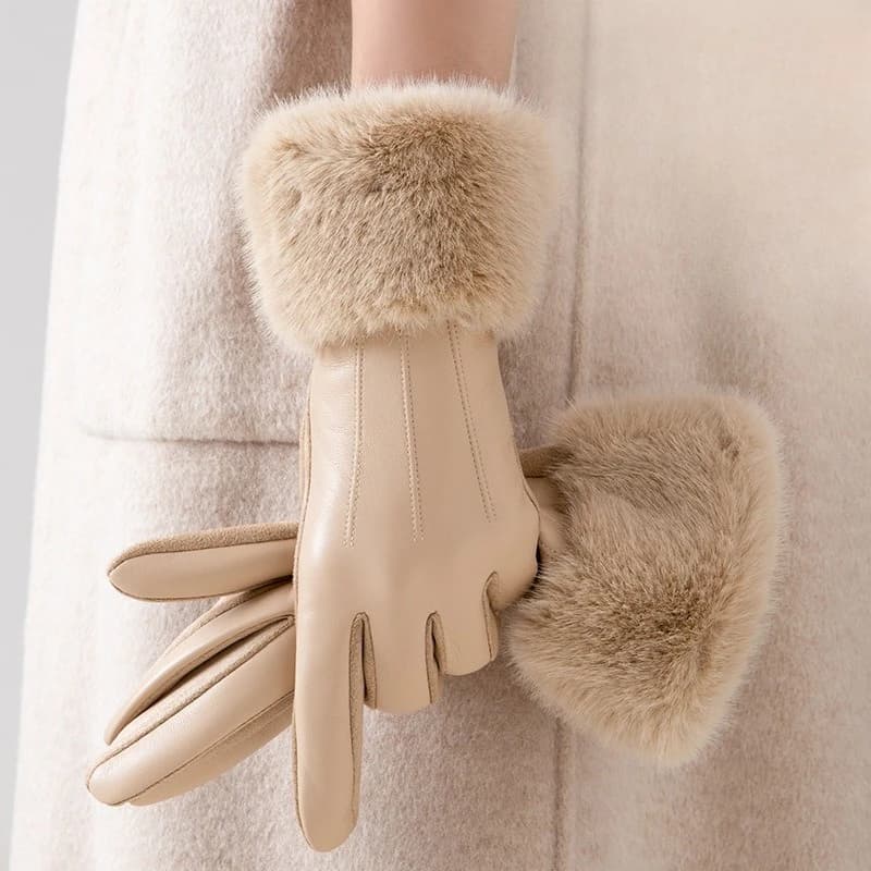 Solid Fleece-Lined Warm Leather Gloves With Faux Mink Cuffs, Slimming Windproof&Cold-Resistant Women'S Autumn&Winter Accessories