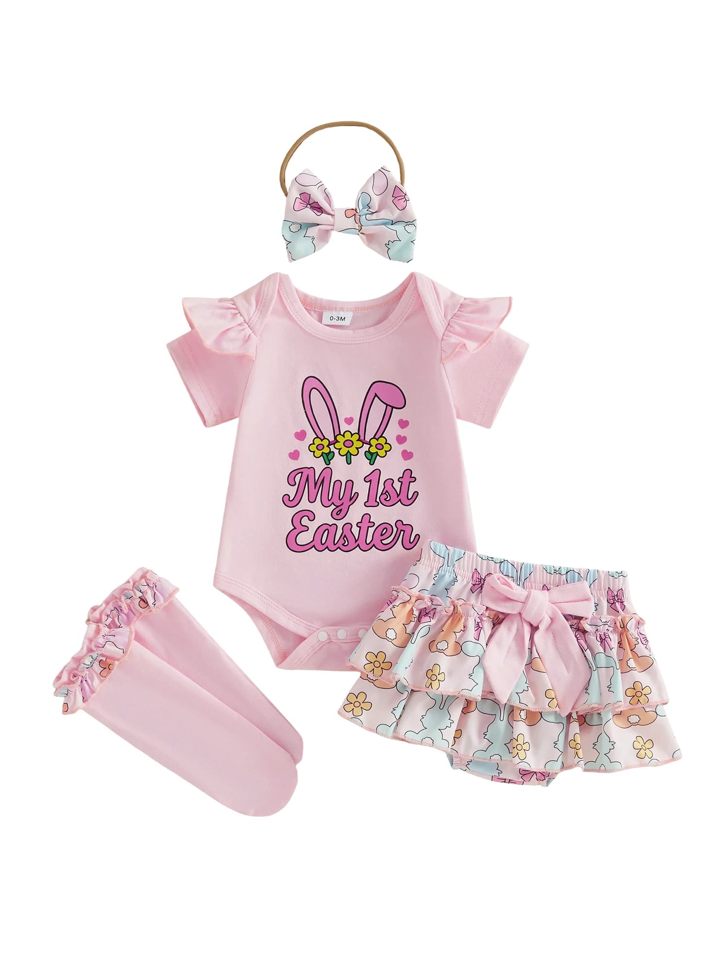Completo da bambina con coniglietto pasquale, pagliaccetto senza maniche con pantaloncini con stampa di carote, fascia per capelli e calzini abbinati per una primavera carina